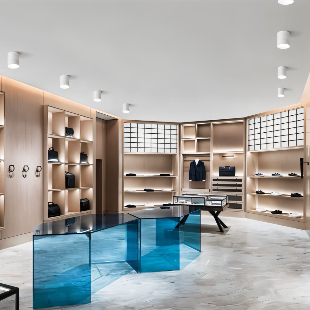 Clérachic white surface-mounted downlights scattered across the ceiling of a boutique with wooden shelving and a blue glass table.