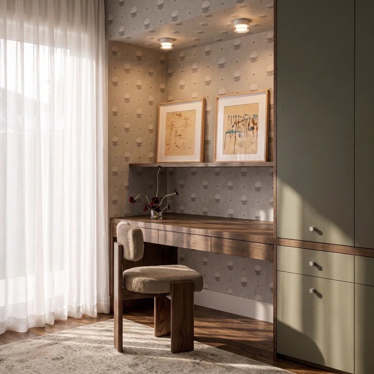 Two Clérachic compact round ceiling lights glowing over a built-in oak desk, patterned wallpaper and framed prints in a study nook.