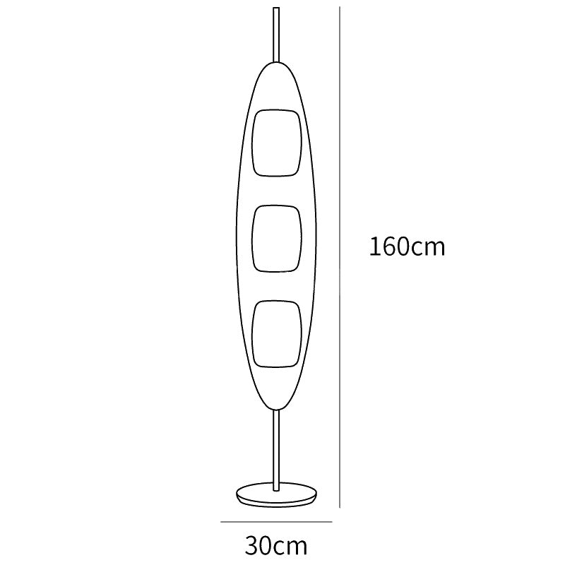 Dimension drawing of the surfboard floor lamp, in outline against white.