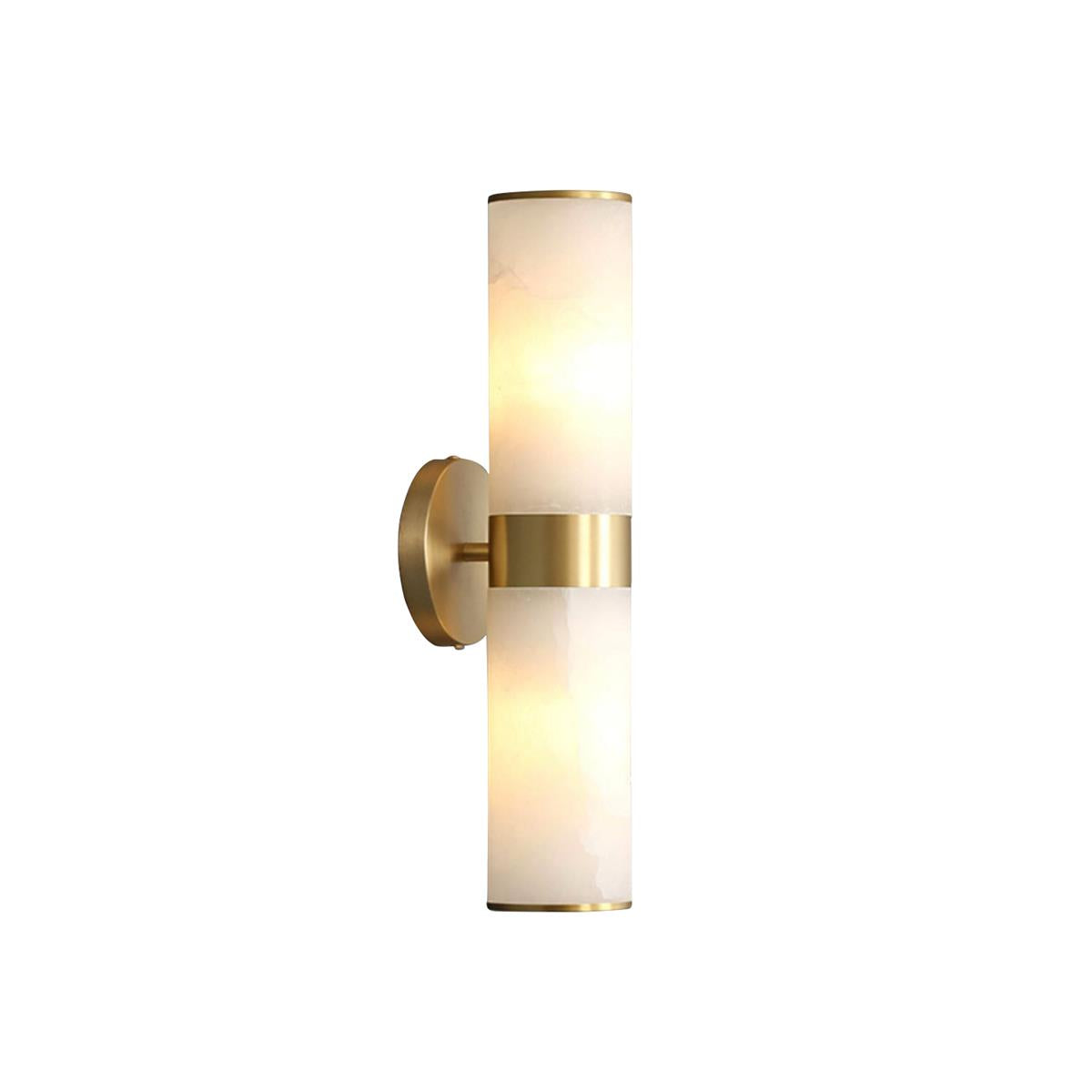 Clérachic Sway sconce on a clean white studio backdrop, showing the brushed brass collar and alabaster tubes.