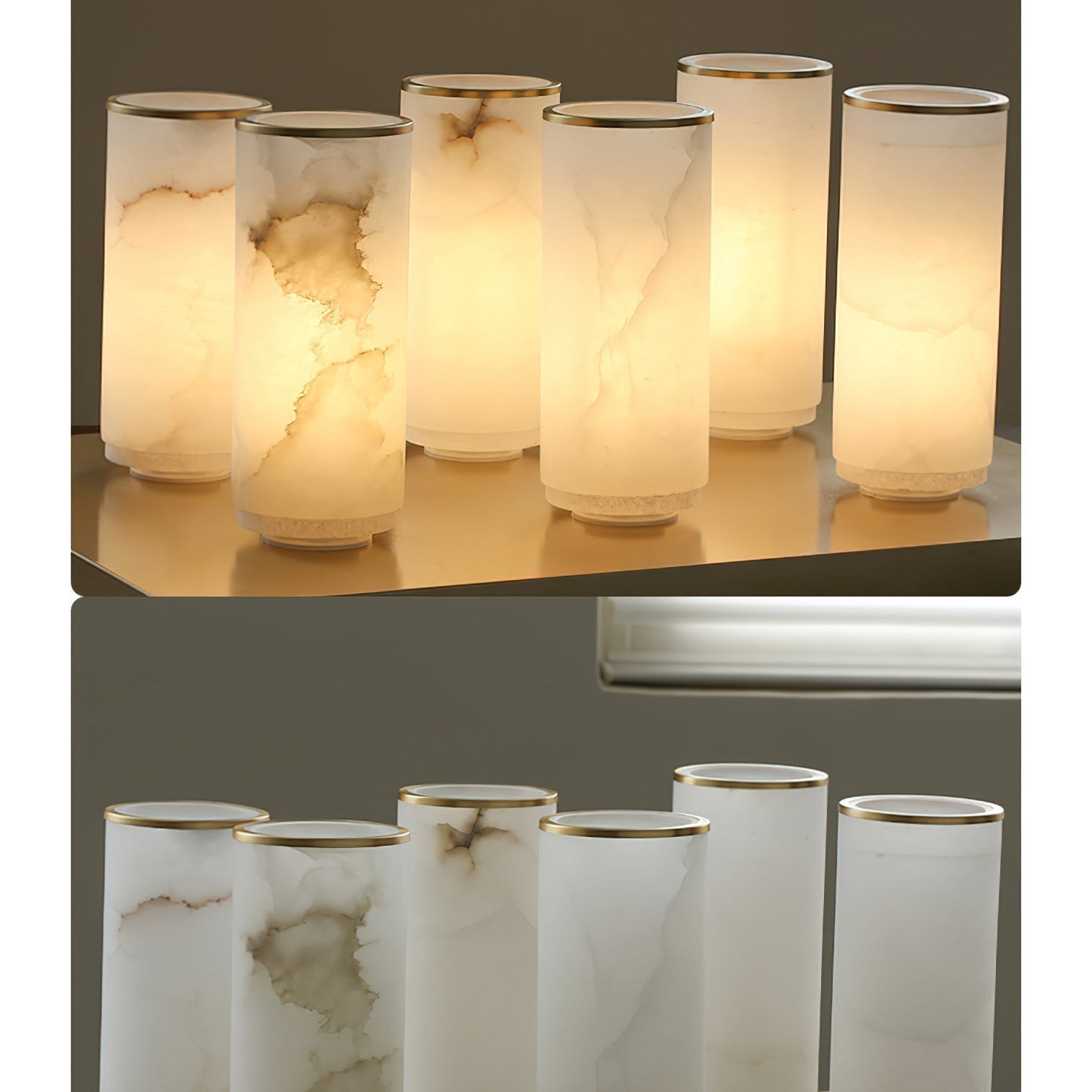 Clérachic alabaster shades shown lit and unlit side by side, revealing how the stone veining differs.