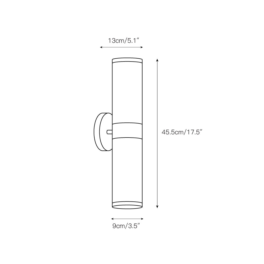 The Clérachic Sway dimension drawing: 5.1 in / 13 cm wide, 17.5 in tall and 3.5 in / 9 cm deep from the wall.