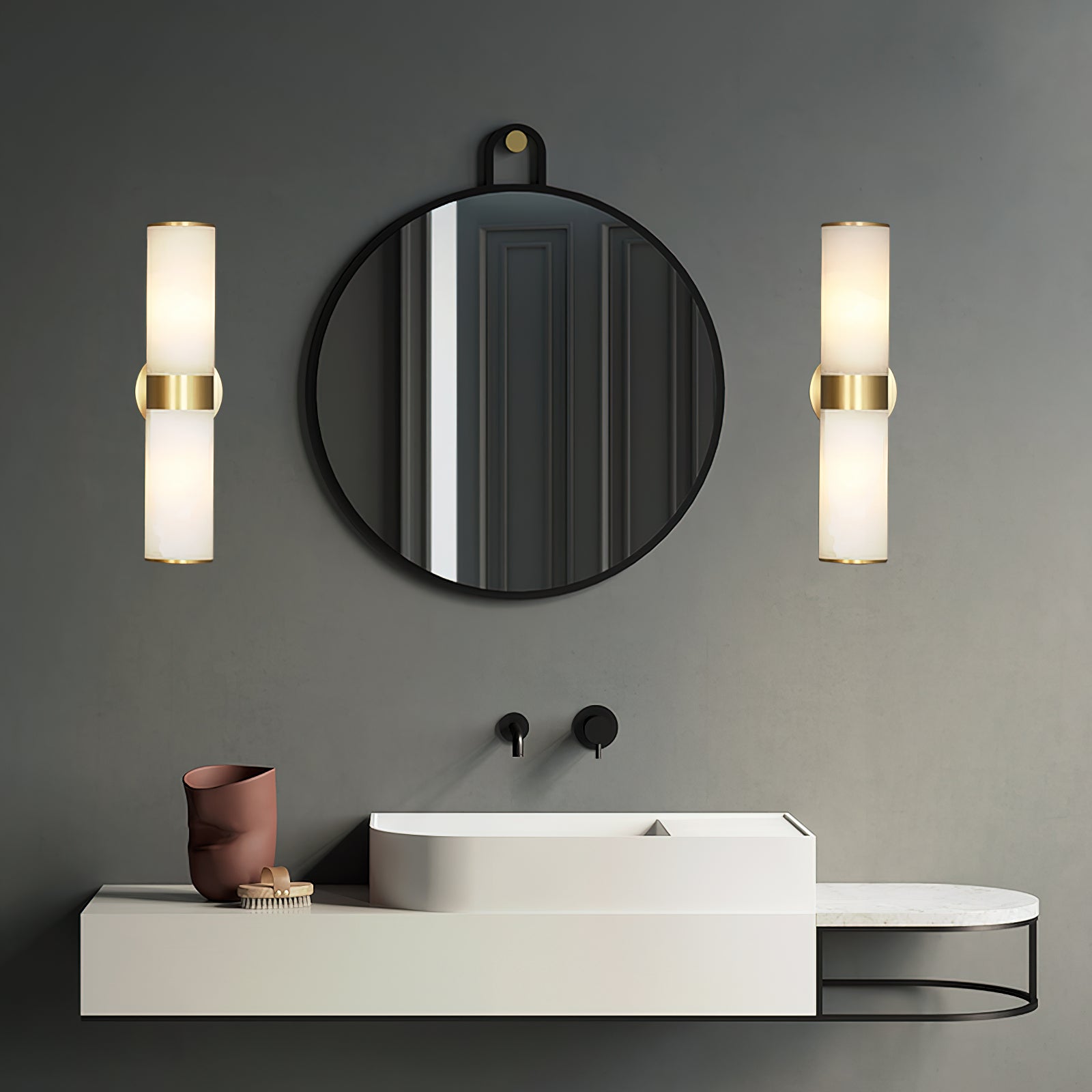 Clérachic Sway fitted in pairs either side of a round black mirror on a deep green bathroom wall.