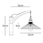 Dimension drawing of this Clérachic wall light with the curved arm, with its height and width marked.