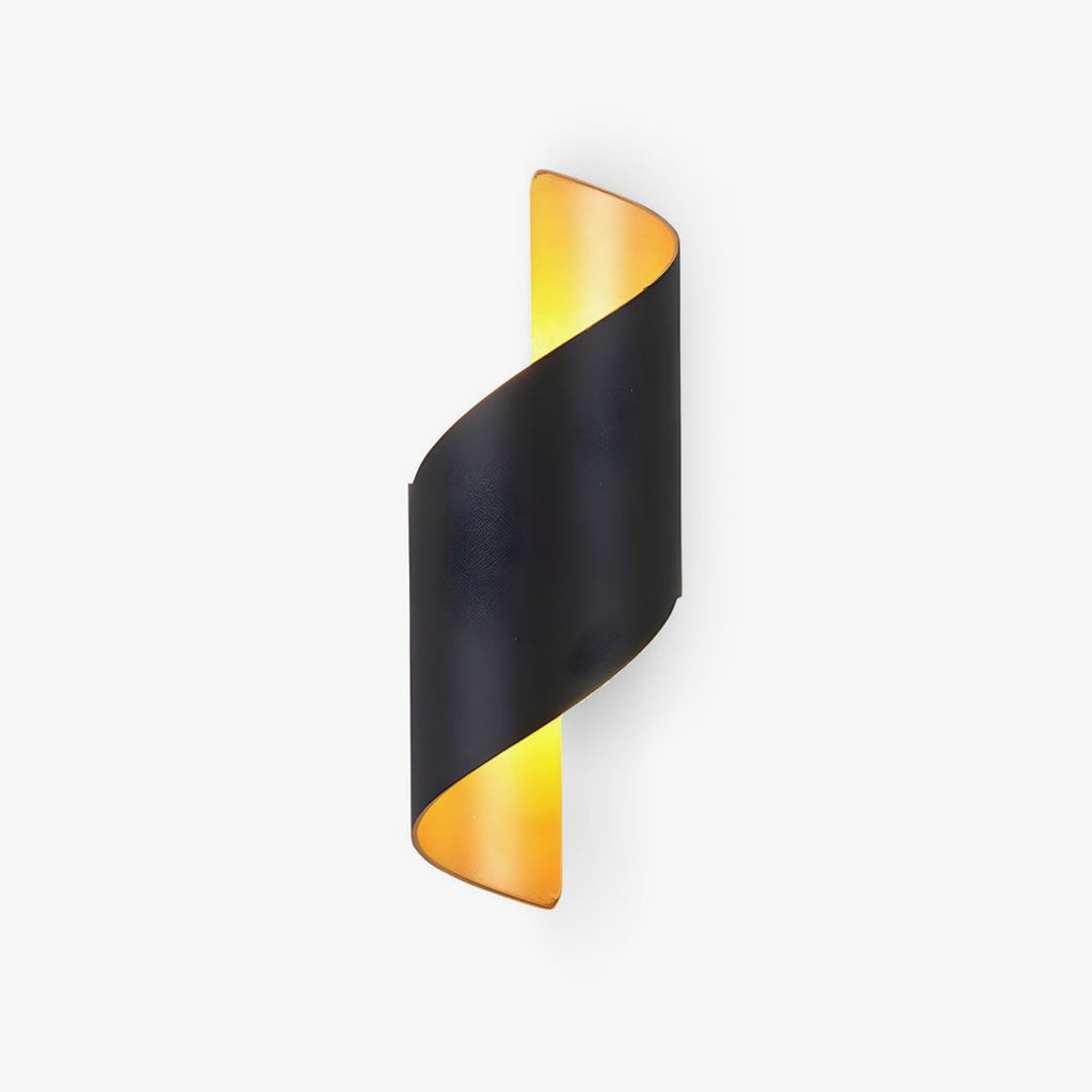 Spiral-shaped Clérachic wall light in black metal with a gold-toned inside, shown unlit on a plain white backdrop.
