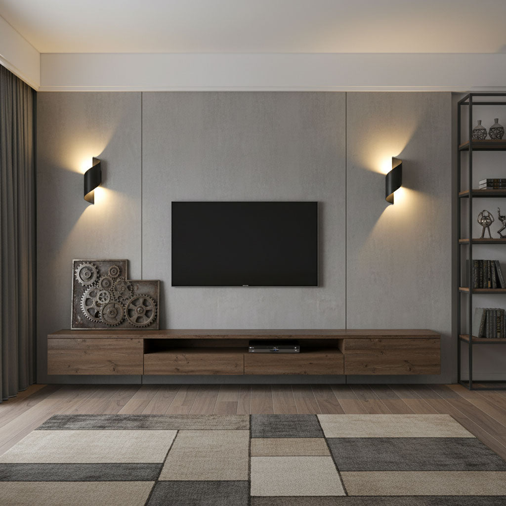 Pair of Clérachic wall lights flanking a wall-mounted television above a long wood sideboard in a grey living room.