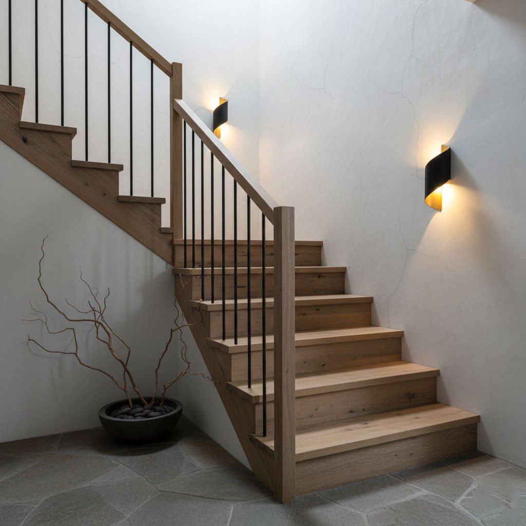 Clérachic spiral wall lights lit beside a wooden staircase with black balusters, above a dry branch in a dark planter.