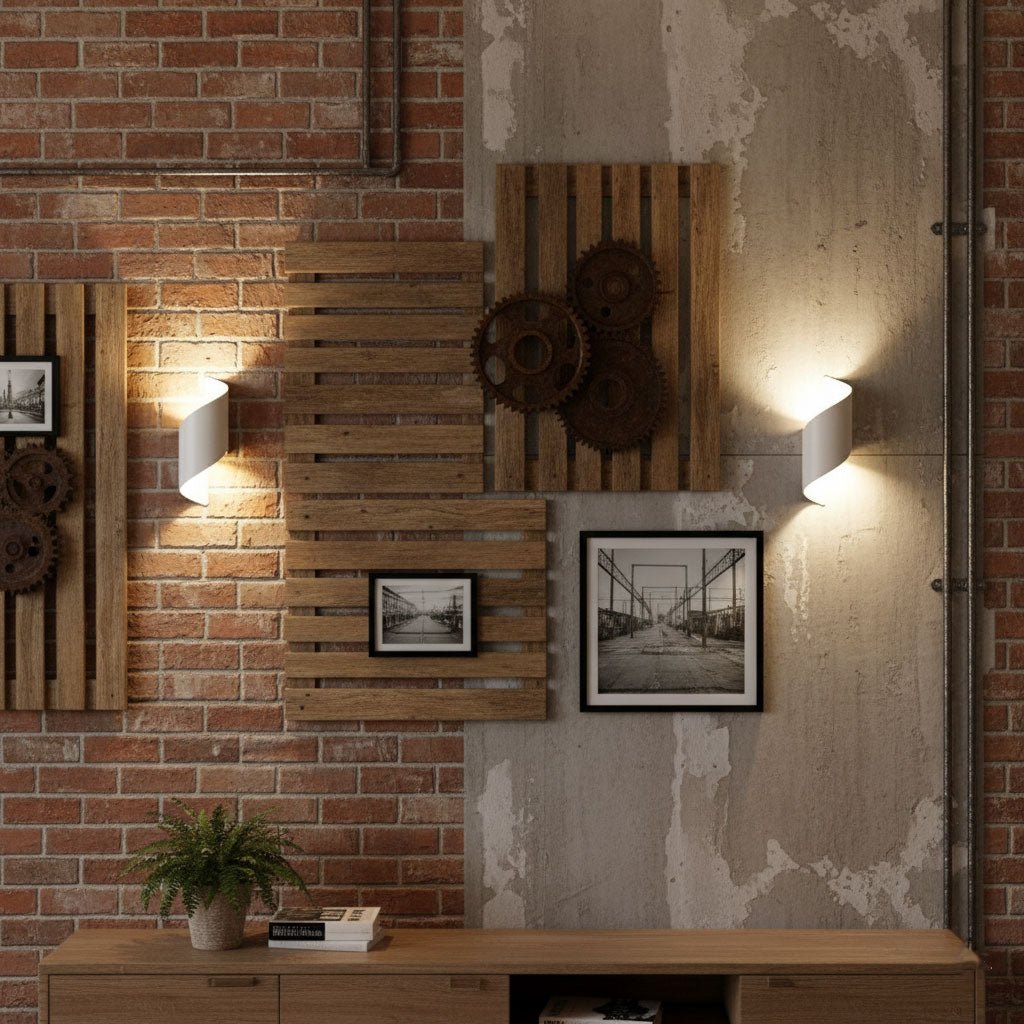 White Clérachic wall lights glow on a rough brick and concrete wall hung with wooden slats, gears and framed prints.