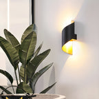 Black Clérachic wall light lit beside the broad leaves of a large plant, its inner gold tone glowing below.