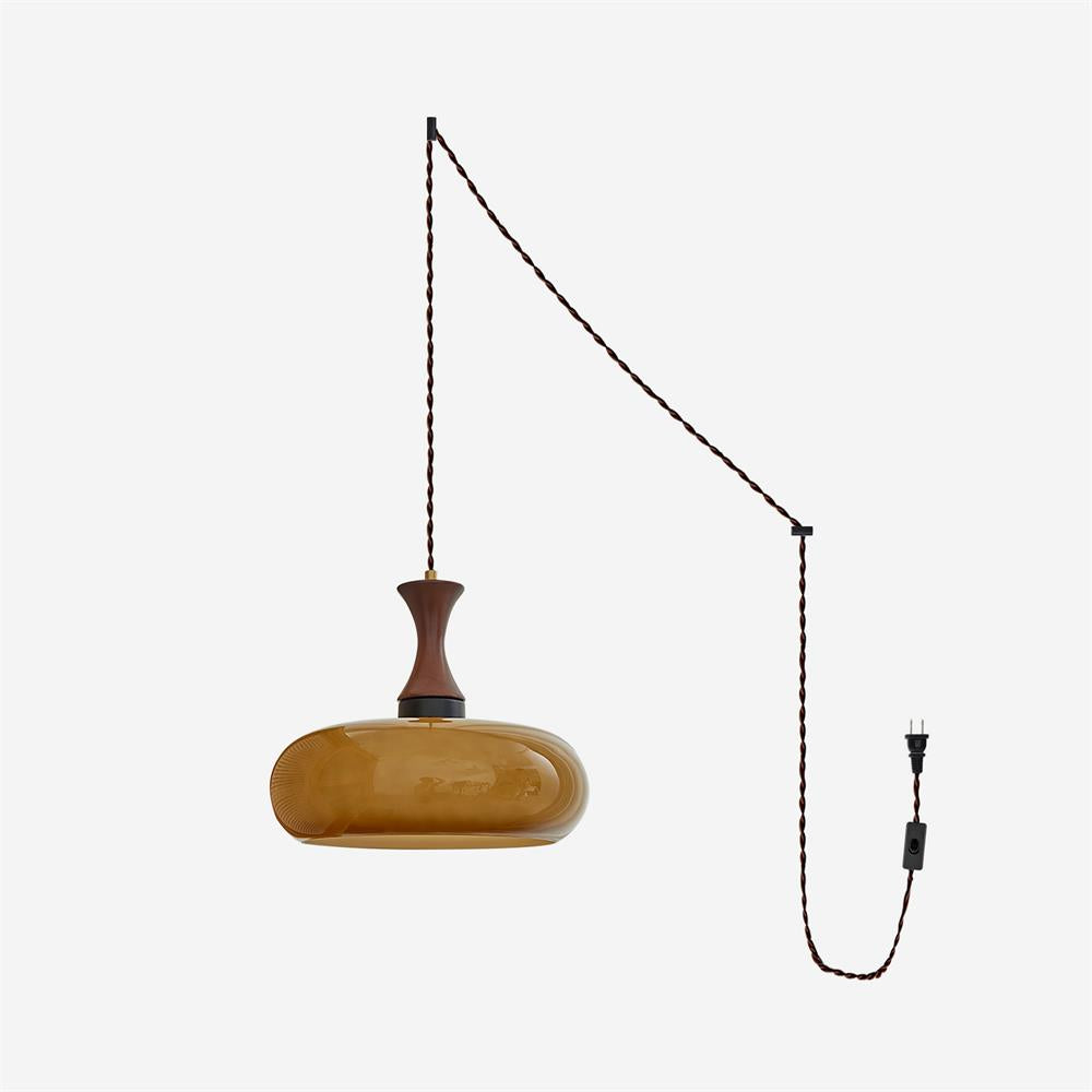 Clérachic Swirled Amber Glass Pendant Light shown with its full plug-in cord, ceiling hooks, inline rocker switch and plug.