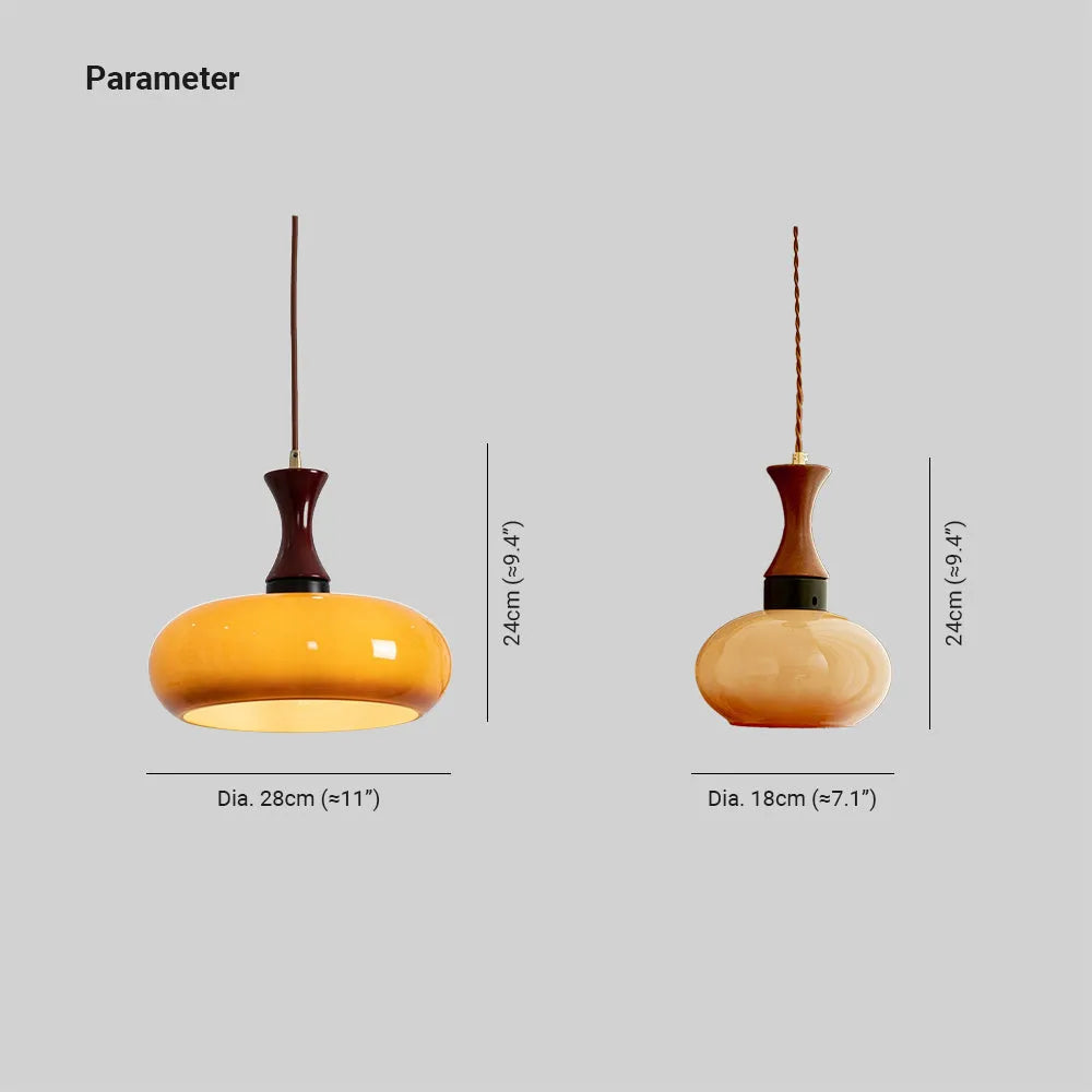 Dimension drawing for the Clérachic amber glass pendant: Dia. 28cm (≈11″) and Dia. 18cm (≈7.1″), both 24cm (≈9.4″) high.