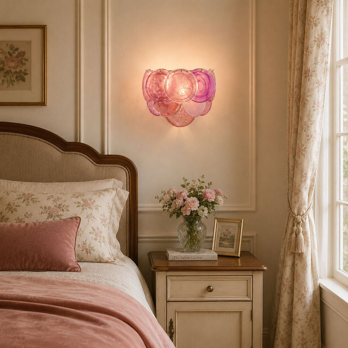 Lit pink disc wall light from Clérachic glowing beside a bed with a floral headboard, a pink throw and a bedside table with roses.