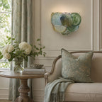 Blue-green glass-disc sconce from Clérachic hung above a small round table and a cushioned sofa, with white hydrangeas in a vase.