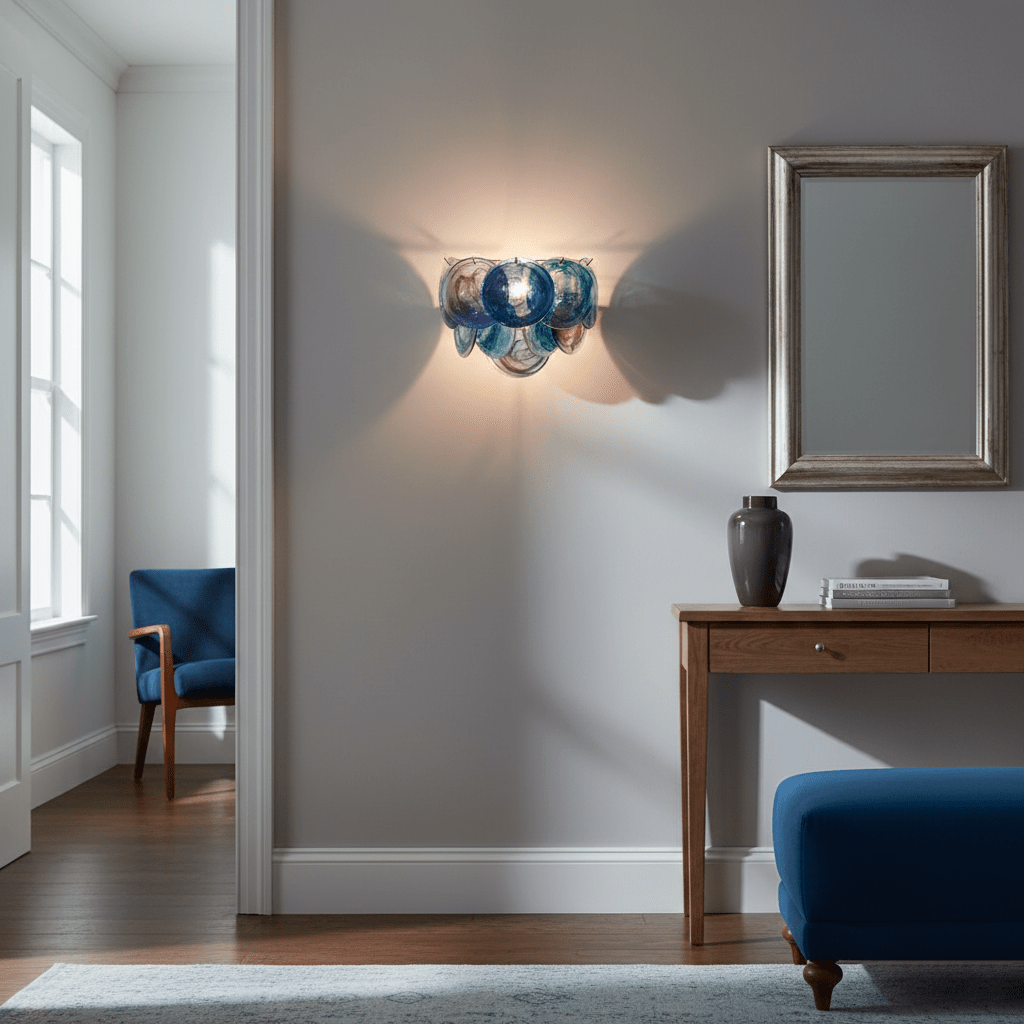 Deep blue glass-disc wall light from Clérachic casting a warm glow on a grey wall, with a mirror and a console table nearby.