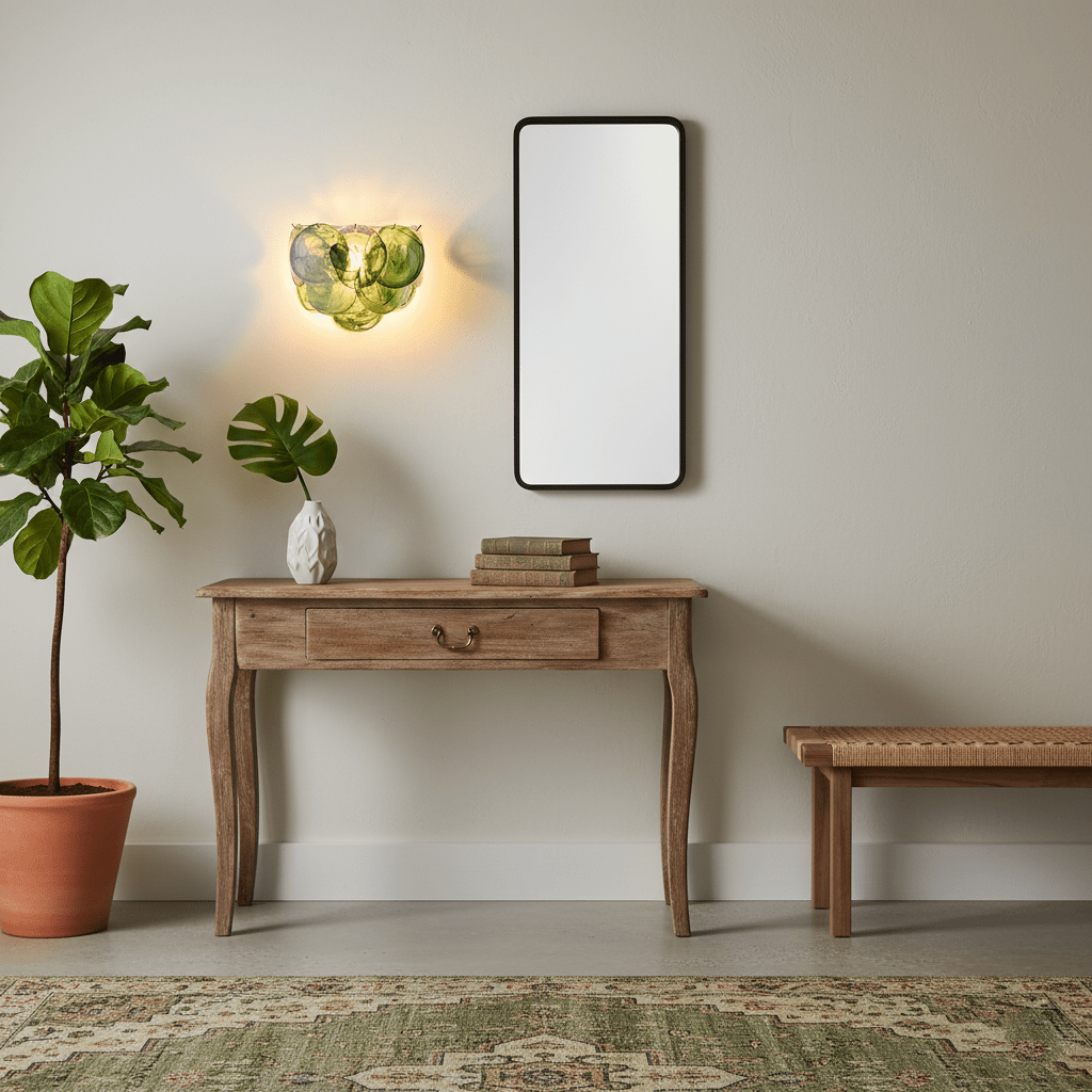 Small green glass-disc wall light from Clérachic glowing on a plain wall above a wooden console, with a tall mirror and a leafy plant.