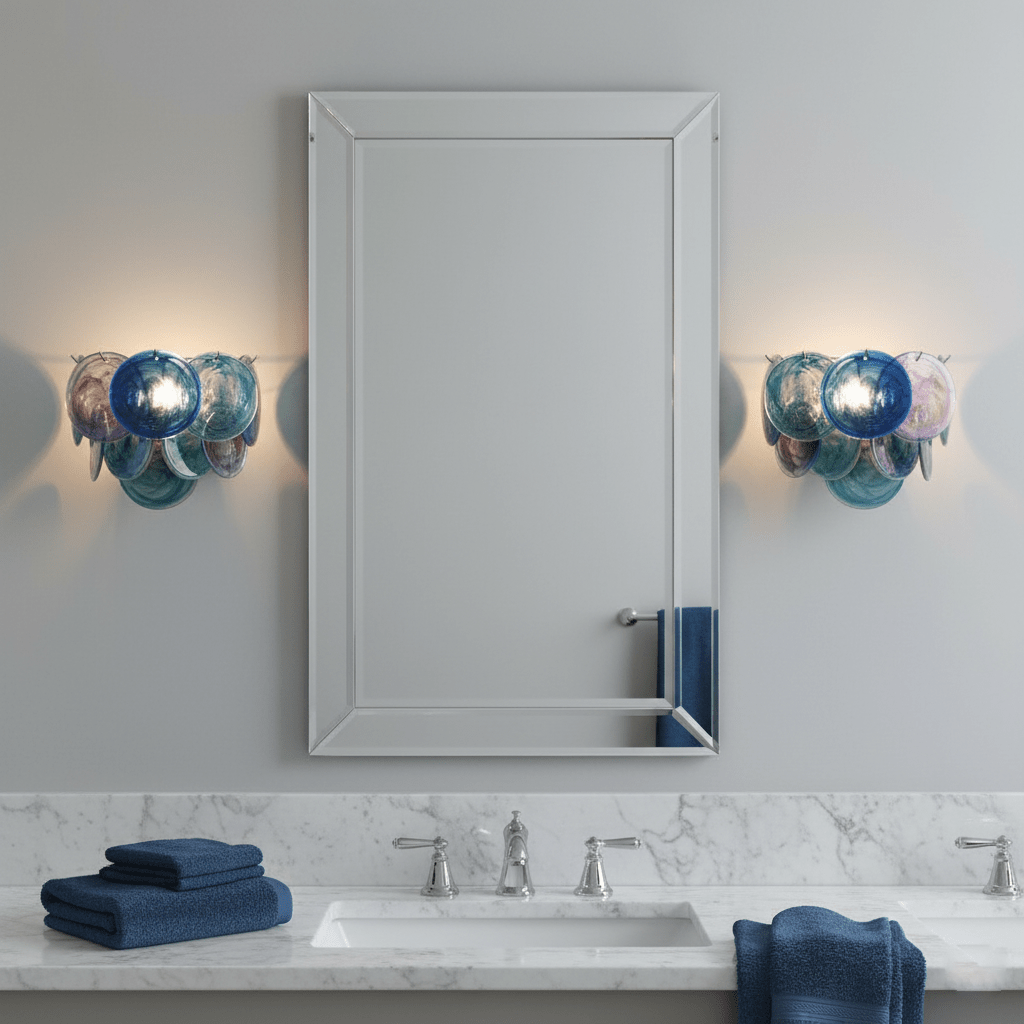 Pair of blue glass-disc wall lights from Clérachic flanking a framed mirror above a marble bathroom vanity with folded navy towels.