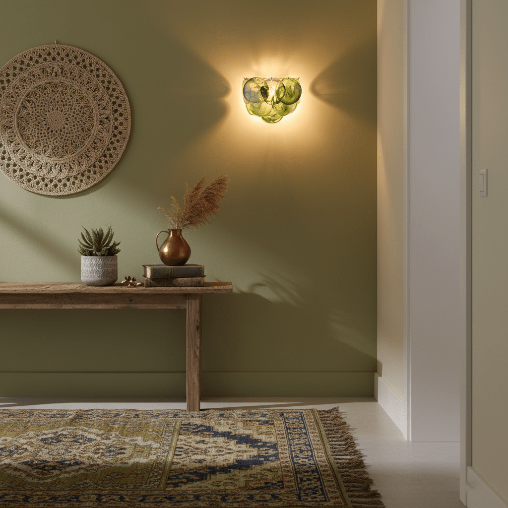 Olive-green glass-disc wall light from Clérachic lit on a sage wall, with a woven wall hanging and a wooden console beside it.