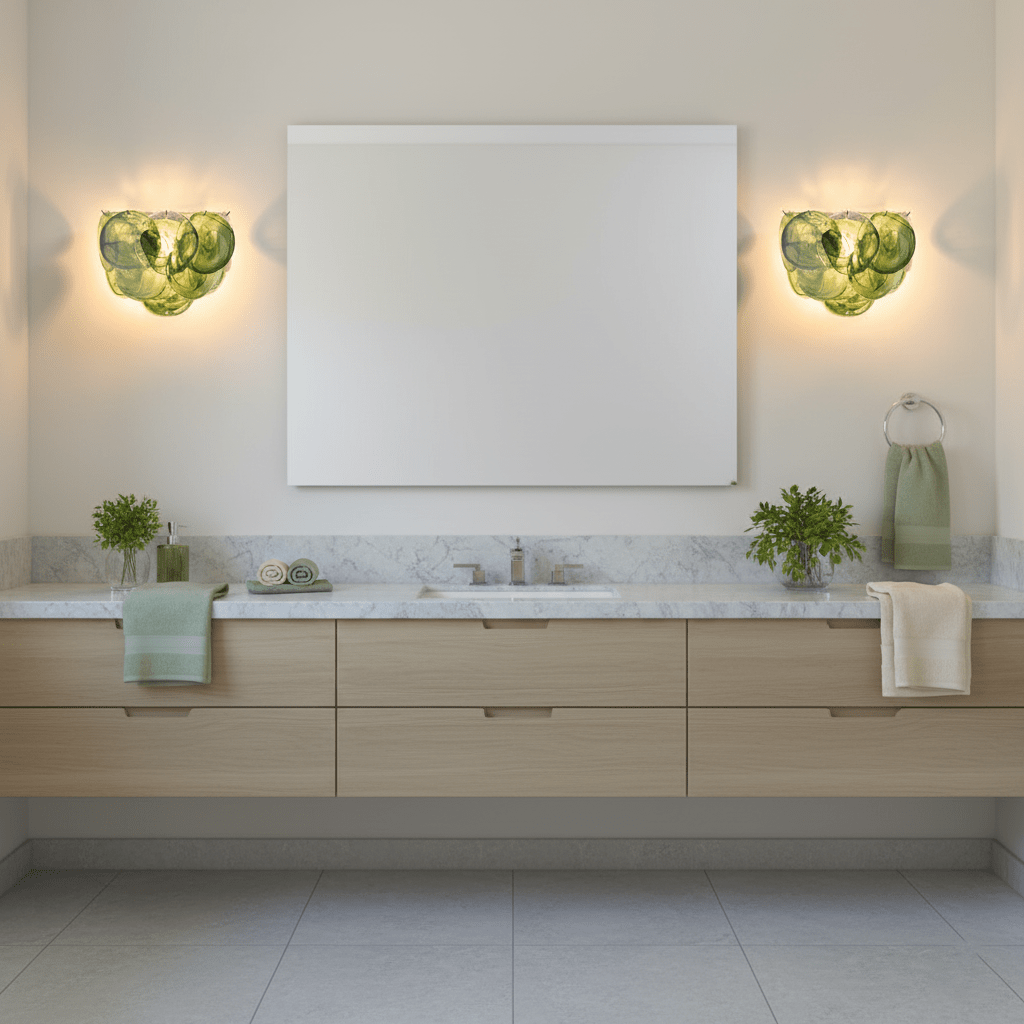 Two green glass-disc wall lights from Clérachic on either side of a frameless bathroom mirror above a floating oak vanity with a marble top.