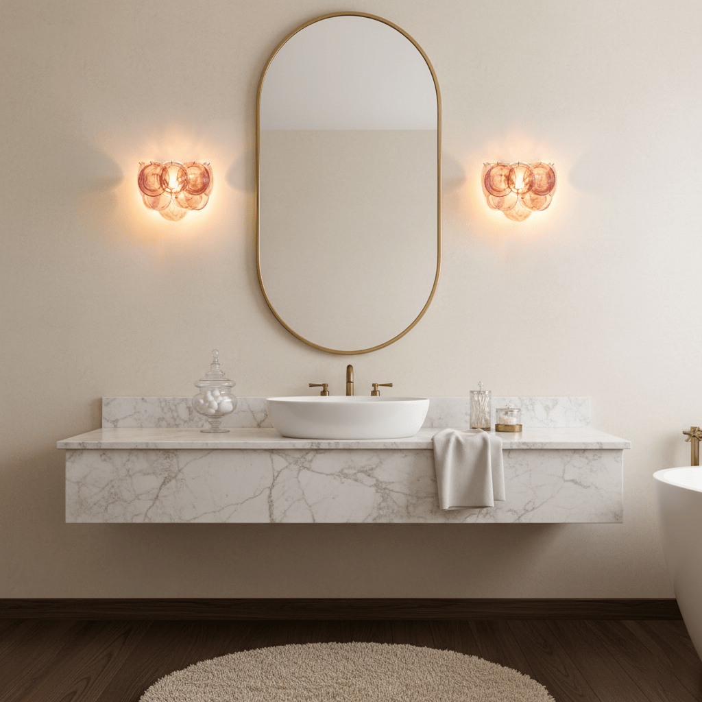 Pair of peach-pink disc wall lights from Clérachic either side of an oval gold-framed mirror over a marble floating vanity and a white basin.