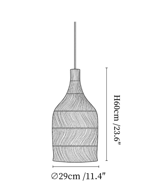 Clérachic pendant light dimension drawing, 1 of 3, every measurement marked in centimetres and inches.