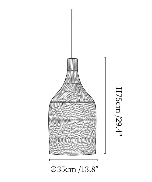 Clérachic pendant light dimension drawing, 2 of 3, every measurement marked in centimetres and inches.