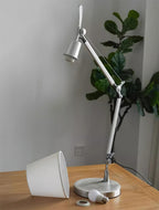 Shade lifted off to show the bulb socket of this Clérachic lamp, with the silver arm and round base on a wooden table by a plant.