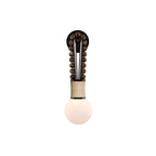 Clérachic Sytala wall sconce on white, walnut bead loop above a ribbed collar and opal glass globe.