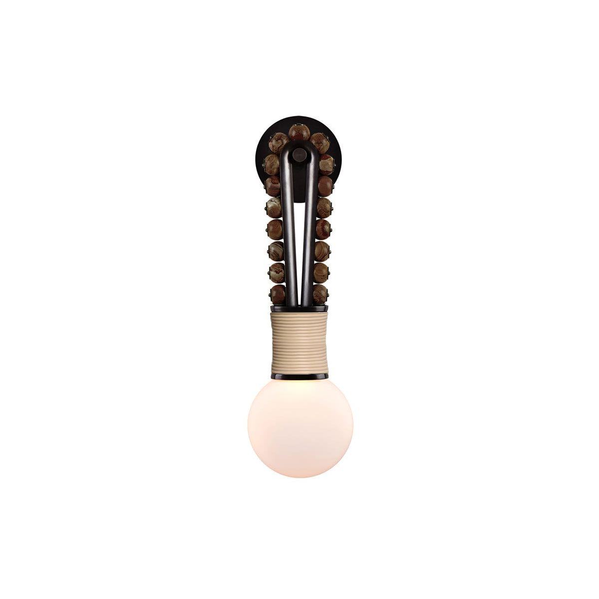 Clérachic Sytala wall sconce on white, walnut bead loop above a ribbed collar and opal glass globe.