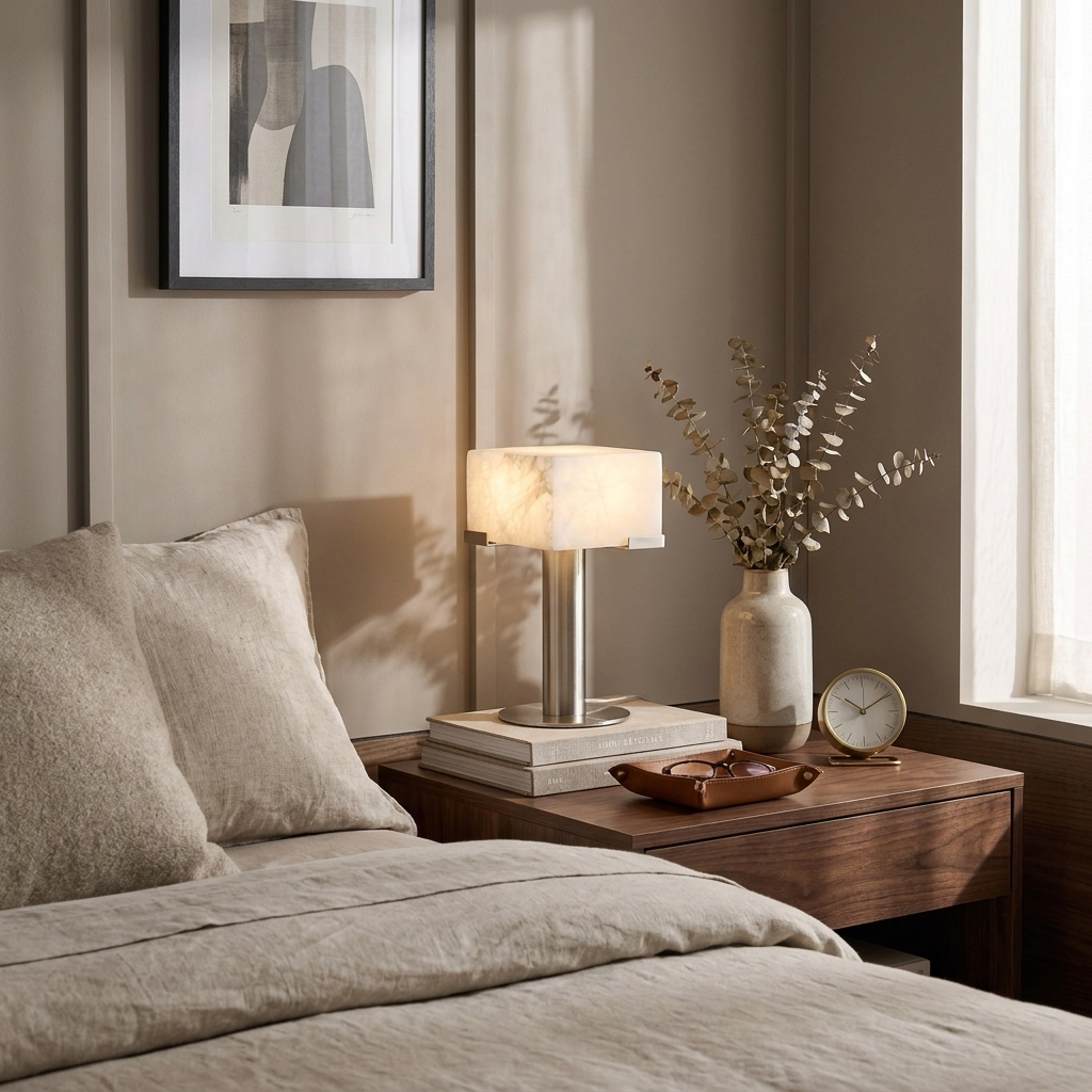 Lit beside a bed with pleated linens, this nickel Clérachic table lamp sits near a stoneware vase and a small clock.