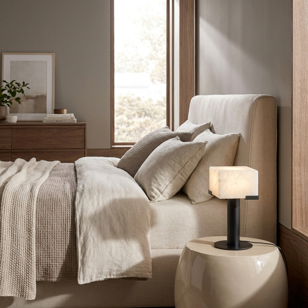 This black Clérachic table lamp glows softly on a cream pedestal nightstand beside an upholstered bed.