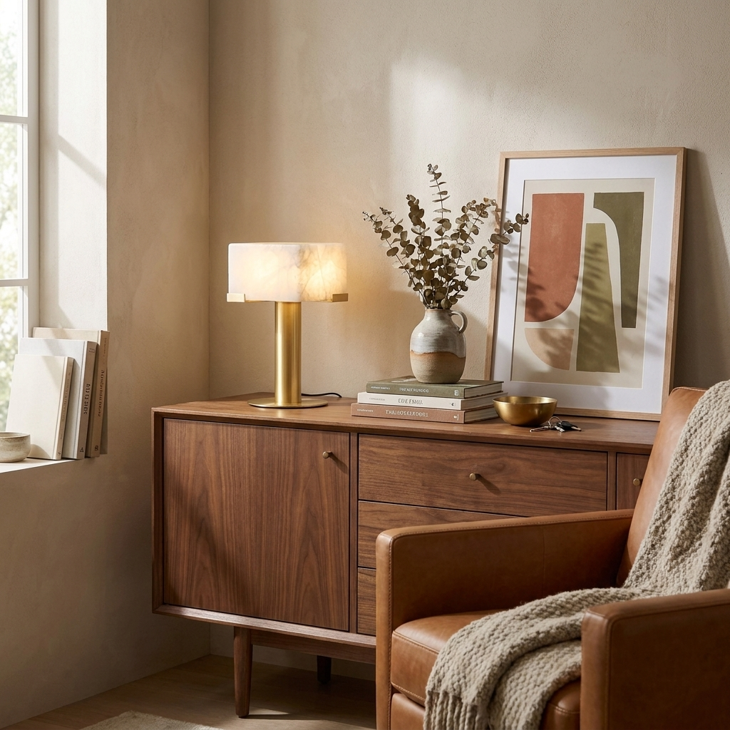 On a walnut credenza beside a leather armchair, this brass Clérachic table lamp lights a corner reading nook.