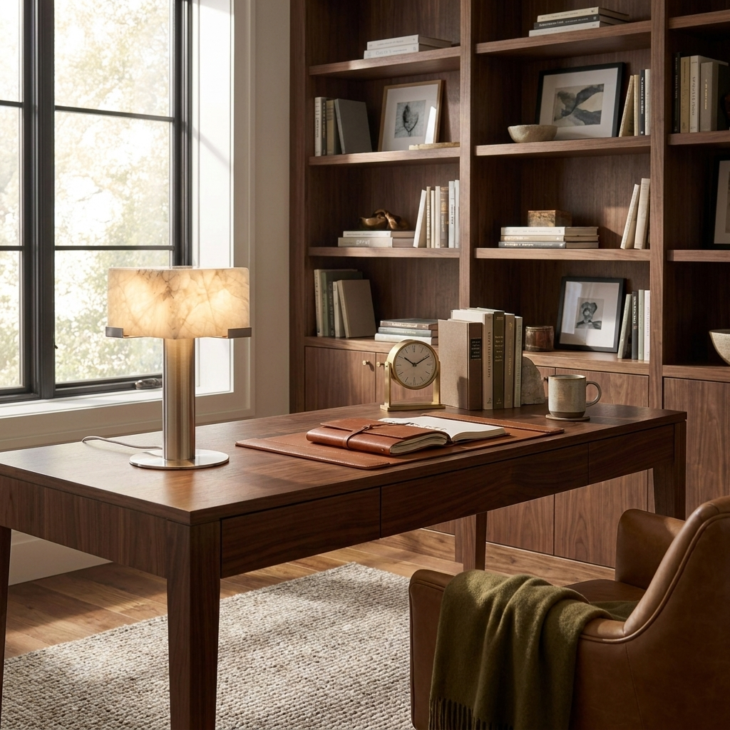 This Clérachic table lamp lights a walnut desk in front of a bookshelf lined with framed photos and books.