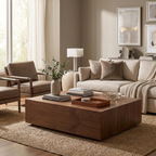 In a living room corner, this Clérachic table lamp glows on a side table beside a beige sofa and framed art.