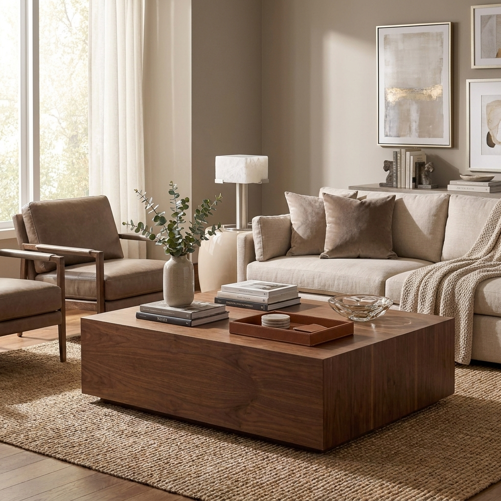 In a living room corner, this Clérachic table lamp glows on a side table beside a beige sofa and framed art.