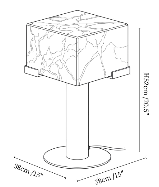 Clérachic table lamp dimension drawing, every measurement marked in centimetres and inches.