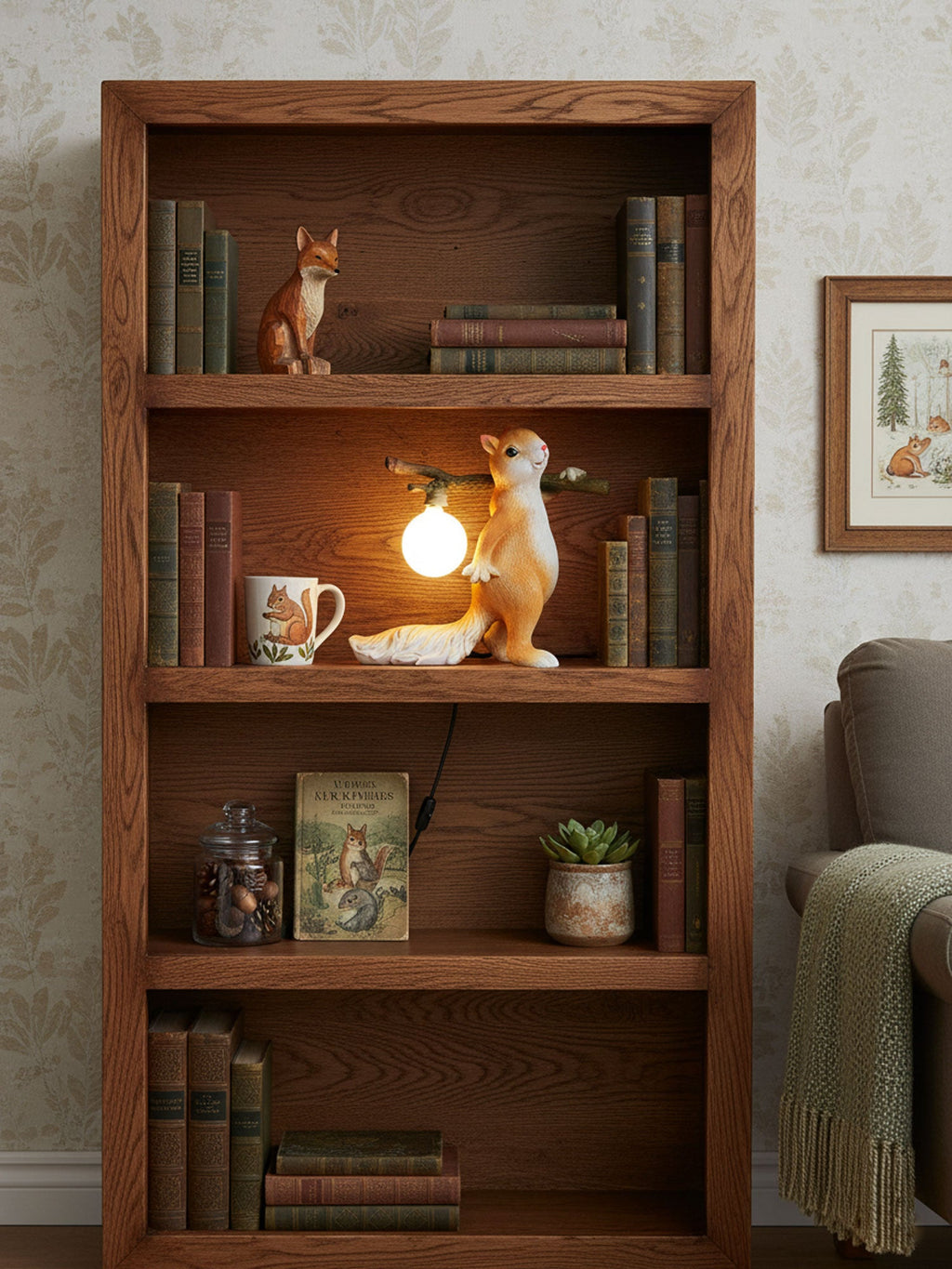 A Clérachic squirrel lamp glowing on a wooden bookcase shelf among old books, a small fox figure and a framed print.
