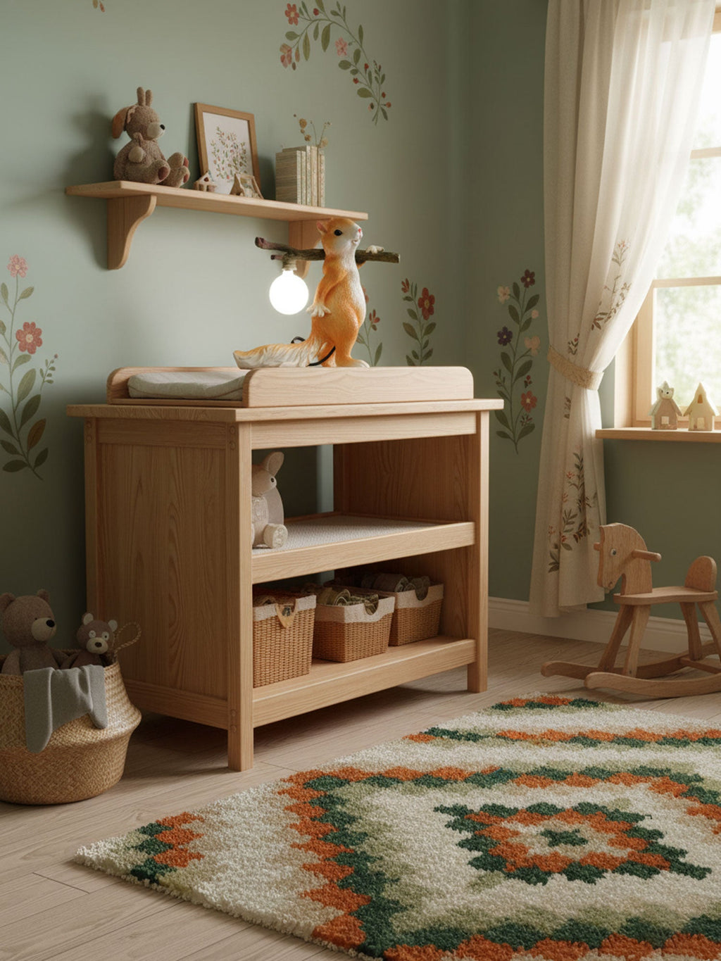Clérachic squirrel lamp on a shelf above a wooden changing table in a nursery with sage walls and a patterned rug.