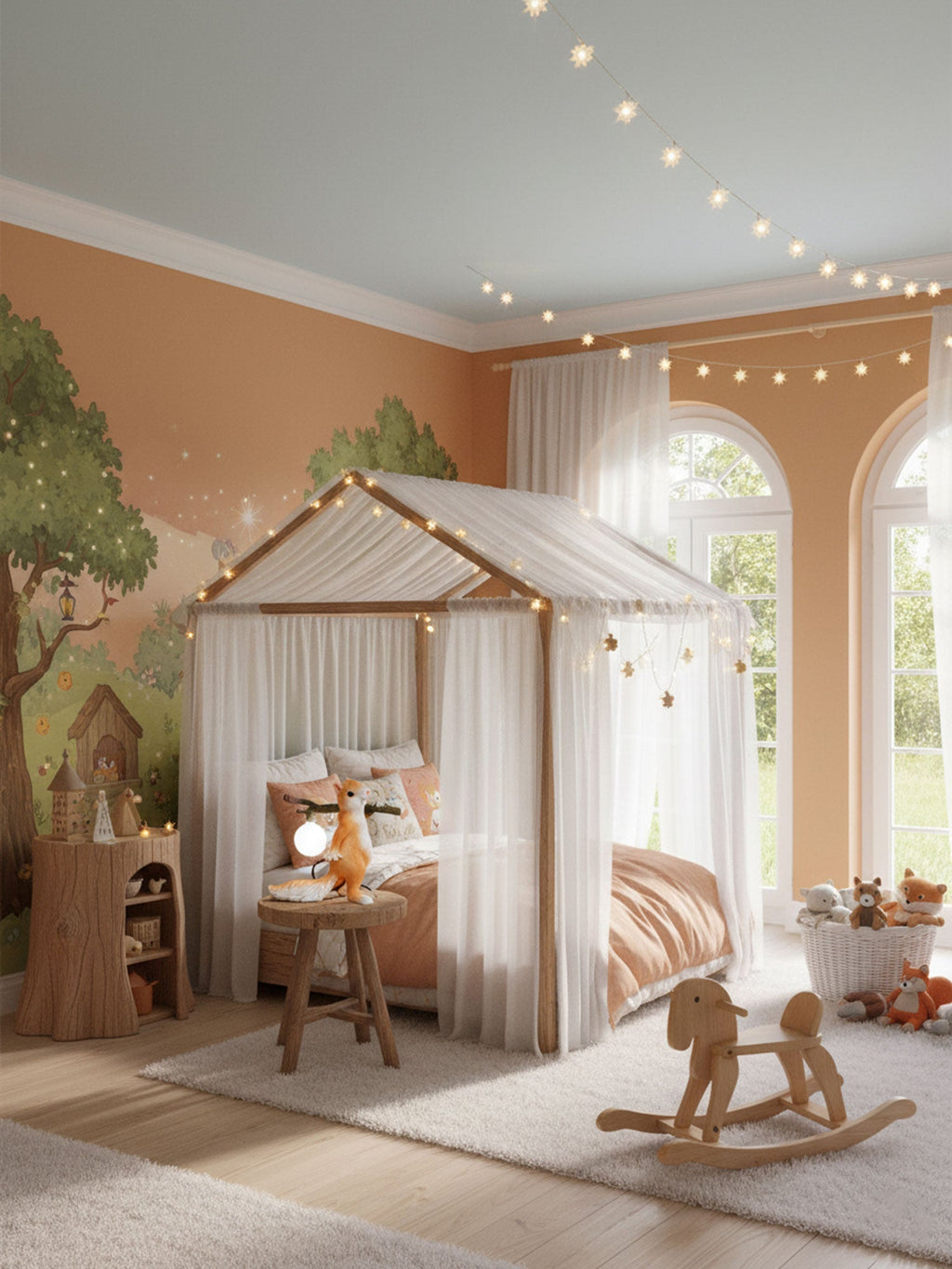 Small Clérachic squirrel lamp on a stool by a canopied playhouse bed in a peach room with a rocking horse.