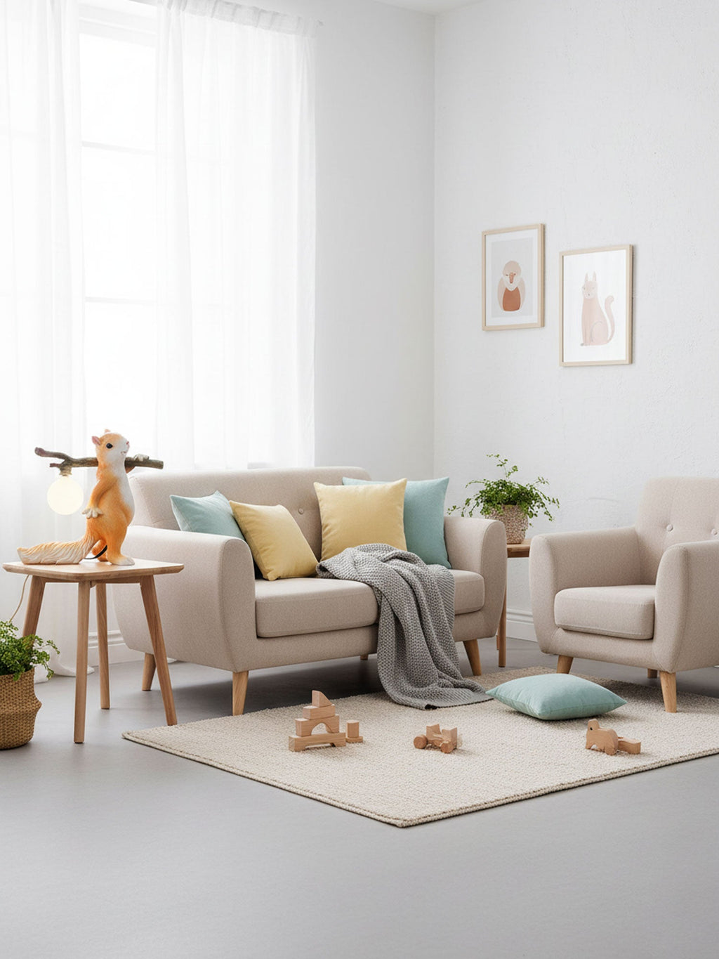 A Clérachic squirrel lamp on a side table in a bright living room, with a cream sofa, an armchair and toy blocks on the rug.
