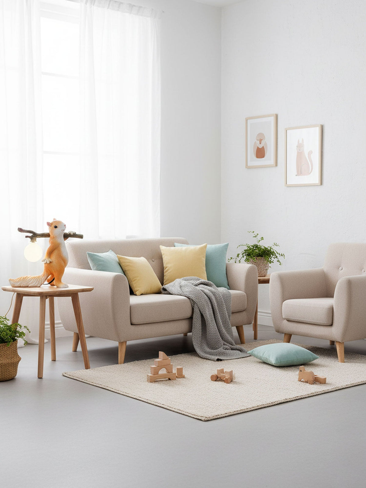 A Clérachic squirrel lamp on a side table in a bright living room, with a cream sofa, an armchair and toy blocks on the rug.