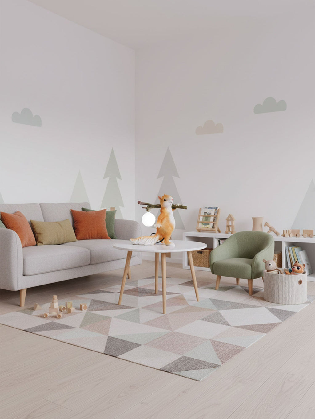 Distant view of a Clérachic squirrel lamp on a coffee table in a pale living room with a grey sofa and a geometric rug.