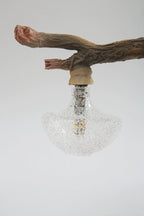 Close view of the carved branch, the bulb socket and the ribbed clear glass bulb on this Clérachic squirrel lamp.