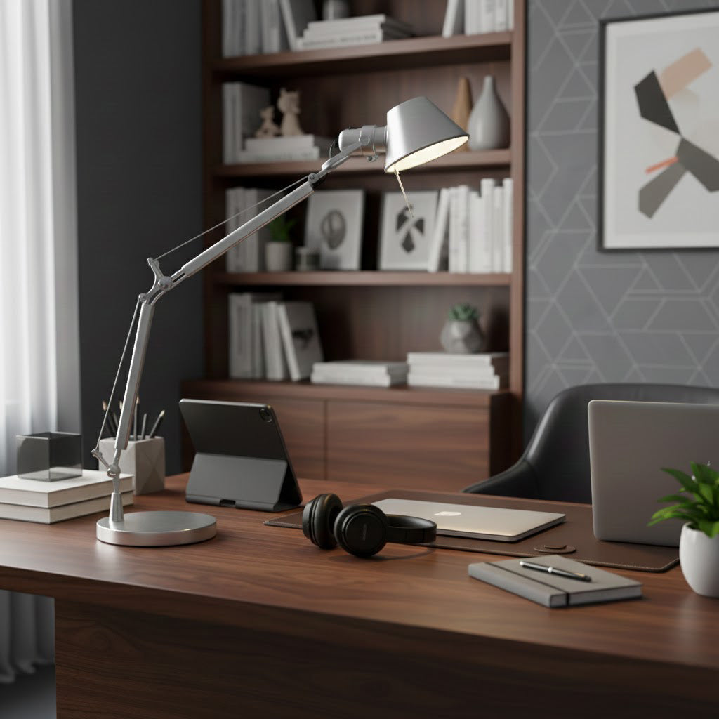 Clérachic desk lamp on a walnut desk with a laptop, a tablet and a pair of headphones, in front of a bookcase.