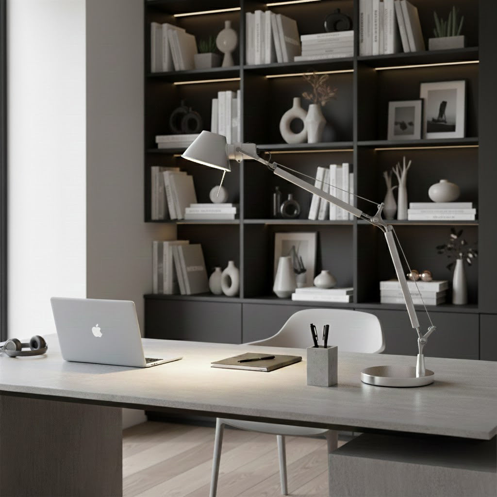 The Clérachic desk lamp's arm angles over a pale desk with a laptop, in front of shelves lit with warm strips.