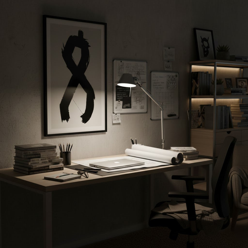 In a dim study, this Clérachic desk lamp lights a desk with rolled drawings, books and a large black-and-white print.