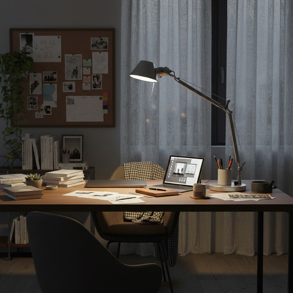 A Clérachic desk lamp lit above a wooden desk with a laptop and papers, beside a pinboard and sheer curtains.