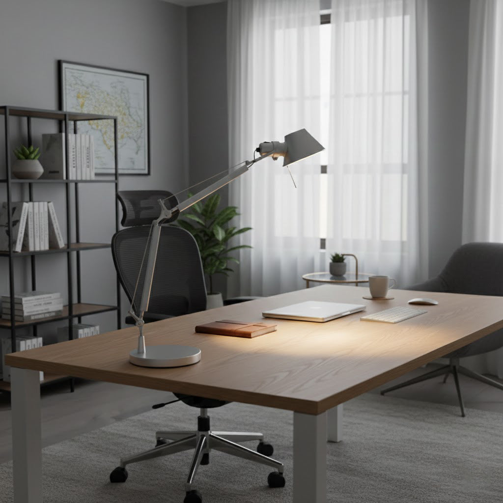 A Clérachic chrome desk lamp on a light wooden desk in a tidy office, with an office chair and a window behind.