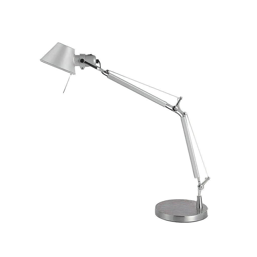 Clérachic chrome desk lamp on a white backdrop, with its arm raised and a round base with a pull cord on the shade.