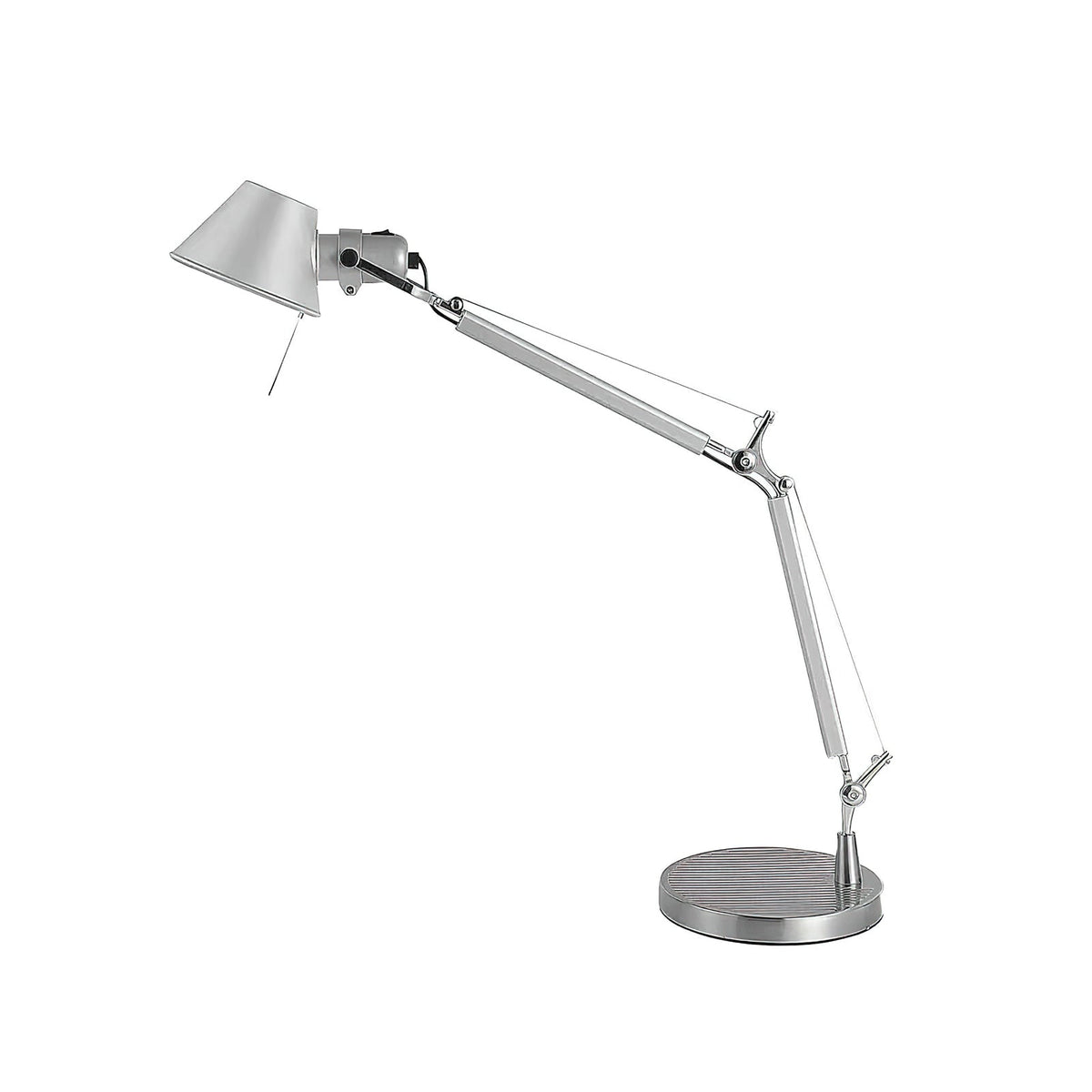 Clérachic chrome desk lamp on a white backdrop, with its arm raised and a round base with a pull cord on the shade.