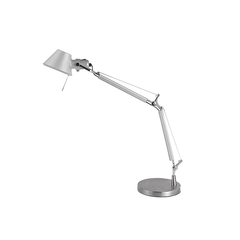 Clérachic chrome desk lamp on a white backdrop, with its arm folded down and the round base at the front.